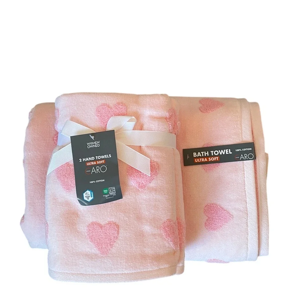 4pc Caro Home PINK HEART Cotton 2 Bath 2 Hand Towel Set Valentine's Day NEW